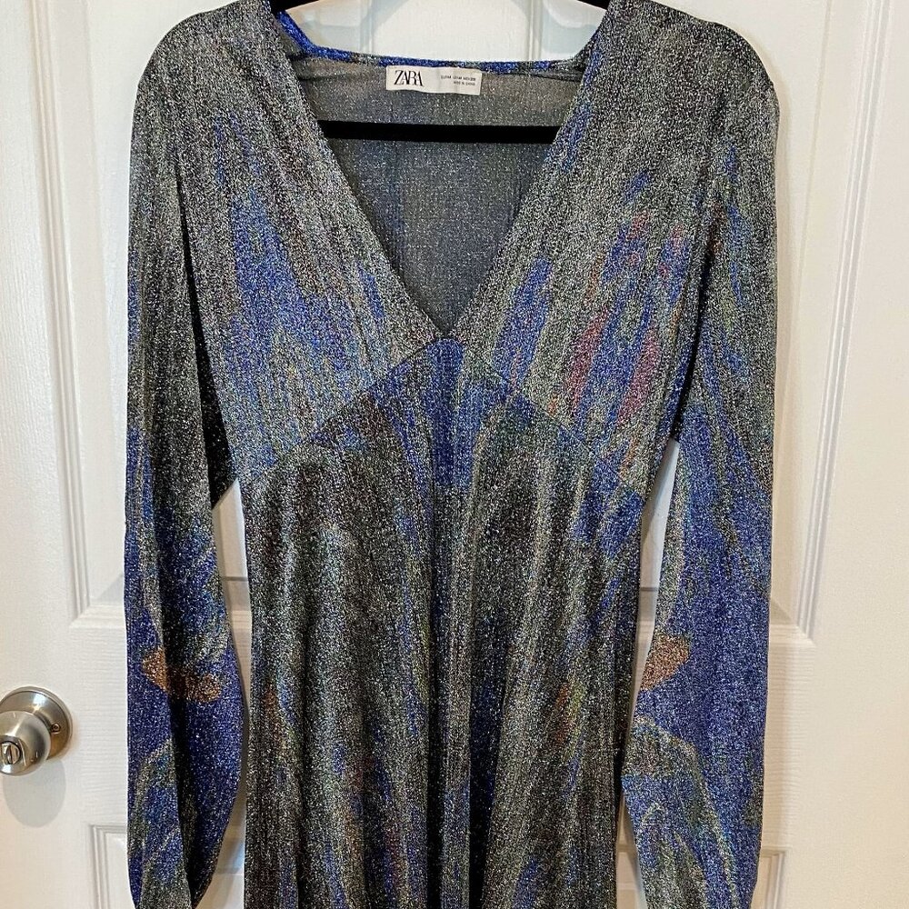 Zara Metallic Silver and Blue Maxi Dress